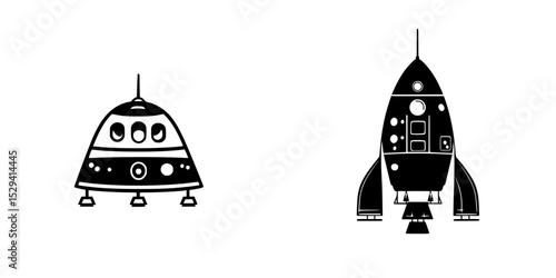 Black icons of a spacecraft and a rocket showcasing different designs for futuristic travel and exploration