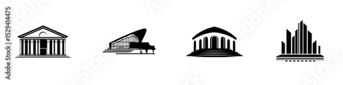 Set of black architectural icons representing various cultural buildings such as theaters and concert halls