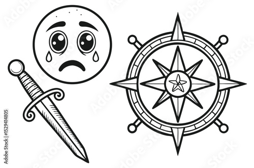 Vintage Crying Emoji, Sword & Compass Star – Engraved Tattoo Icons Set