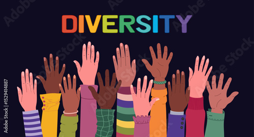 Group of multiracial hands raised up. Cultural diversity, racial equality. Multicultural society. Hand drawn vector vector illustration isolated on black background, flat cartoon style.
