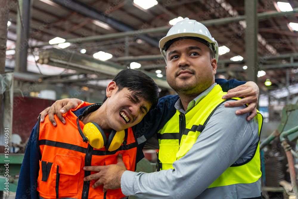 Obraz premium Professional asian man engineer working in warehouse, emergency during work in factory resulting in injury, safety and security in factory industry.
