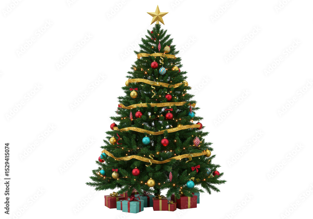 Fototapeta premium A beautifully decorated Christmas tree adorned with colorful ornaments and gifts
