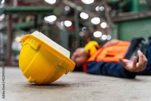 Accident in warehouse. An emergency occurred during the factory operation resulting in injuries. Safety and security in factory industry.