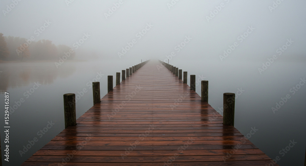 Fototapeta premium Long Wooden Pier Disappearing into Fog - Serene Lake Landscape Misty Lake Dock at Dawn - Tranquil and Atmospheric Scene