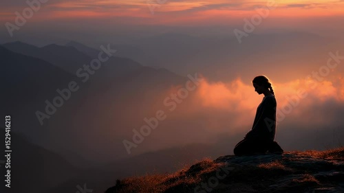 Concept photo of a person kneeling on a mountaintop, their eyes closed in reverence as they meditate on the wonders of their faith and the natural world around them.