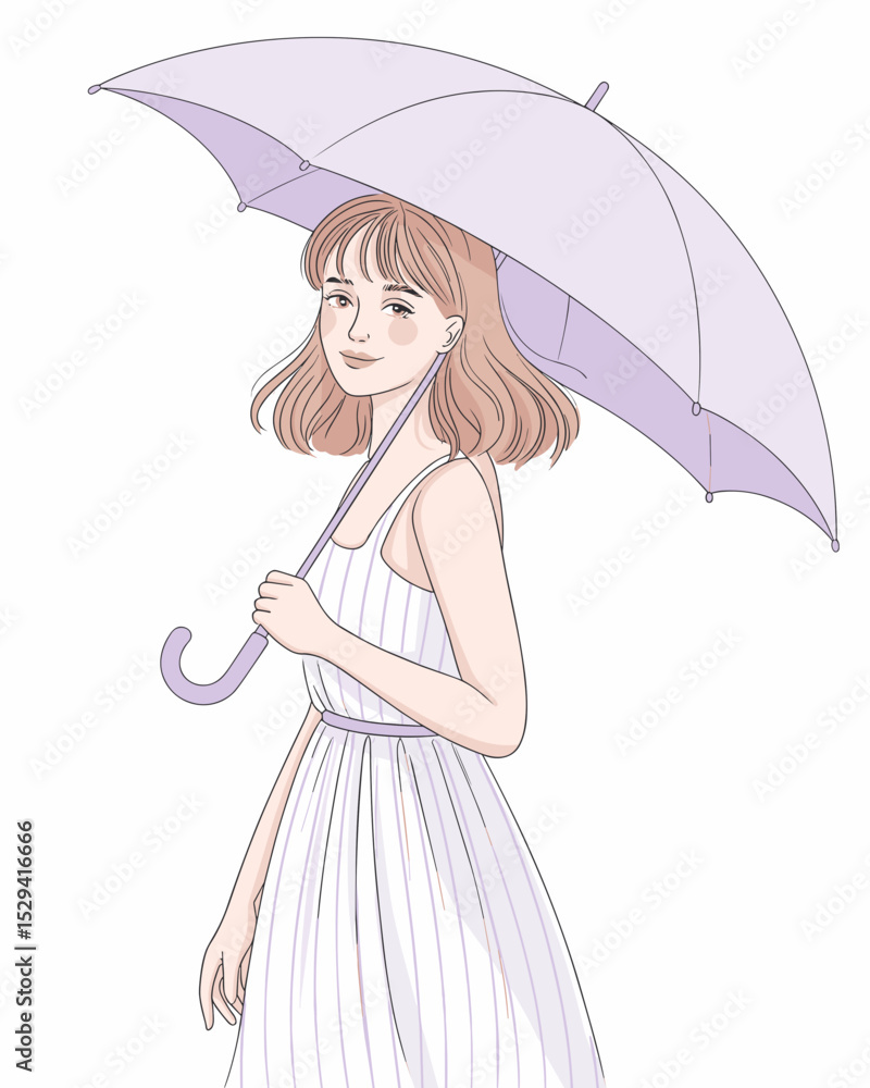Fototapeta premium Elegant Anime Girl in White Dress Holding a Lavender Umbrella