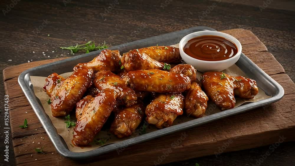 Close Up Of Grilled Chicken Wings On A Wooden Platter Close Up Of Grilled Chicken Wings On A Wooden Platter