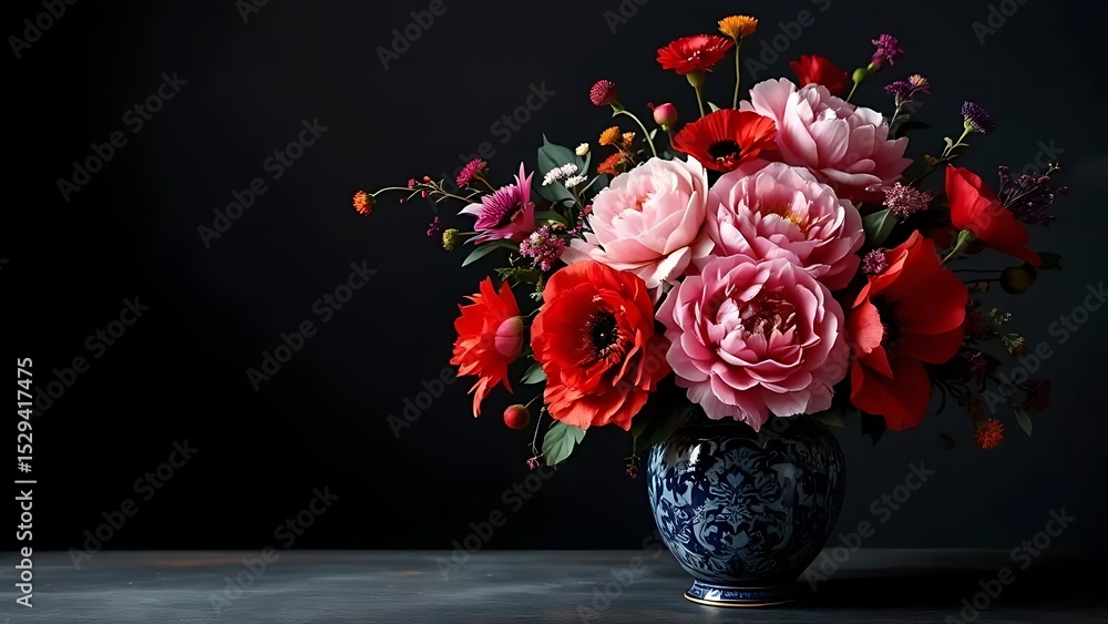 Fototapeta premium Photorealistic floral arrangement in a blue and black porcelain vase with pink peonies, ranunculus, and red poppies. Dark academia mood with chiaroscuro lighting and elegant negative space