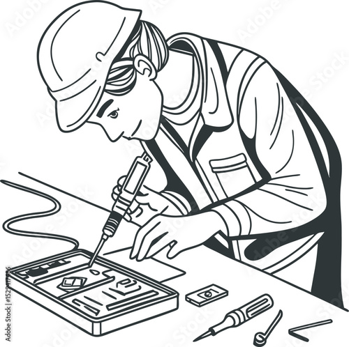 This collection of black and white images depicts hands performing various actions related to mechanical work or service, often involving tools or automotive components.