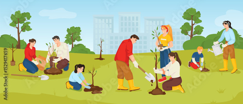 People of all ages working together to plant trees in green park with cityscape background, flat cartoon style. Concept of environmental care. Vector illustration