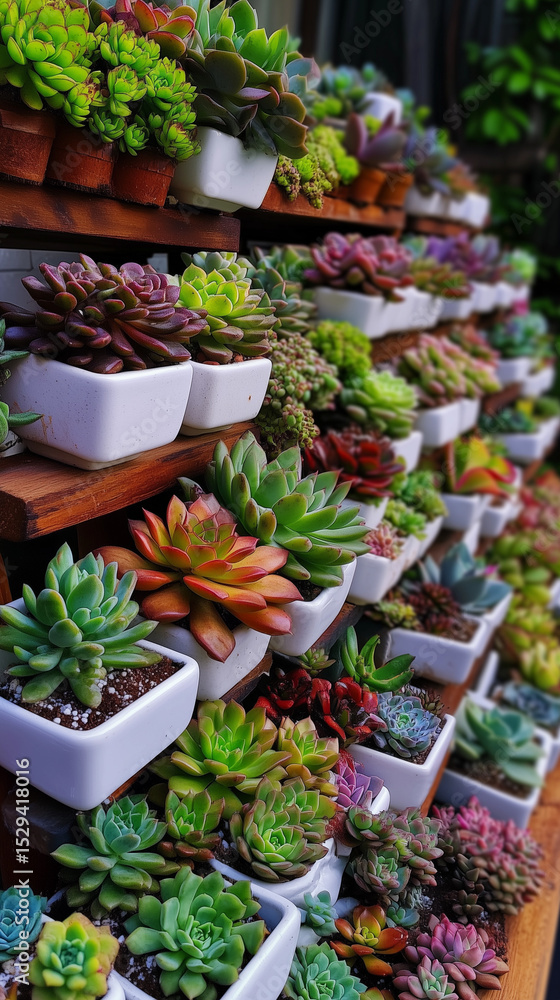 Colorful Succulent Plants in White Ceramic Pots on Tiered Wooden Shelves Colorful Succulent Plants in White Ceramic Pots on Tiered Wooden Shelves