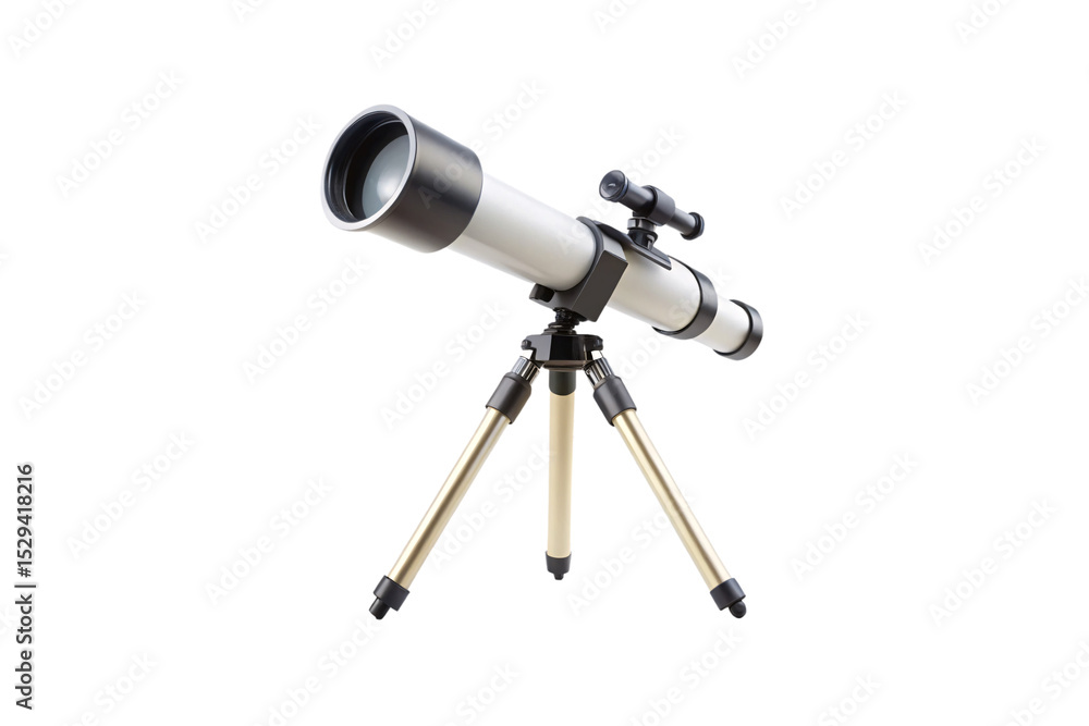 White telescope with black accents on golden tripod, equipped with finder scope for professional astronomical viewing experiences, isolated on a transparent background White telescope with black accents on golden tripod, equipped with finder scope for professional astronomical viewing experiences, isolated on a transparent background