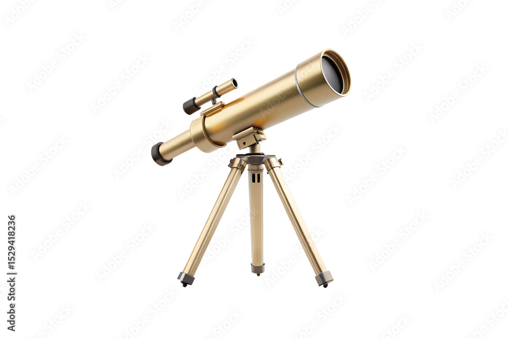Elegant golden telescope on matching tripod stand with finder scope, designed for premium stargazing and celestial observation, isolated on a transparent background Elegant golden telescope on matching tripod stand with finder scope, designed for premium stargazing and celestial observation, isolated on a transparent background