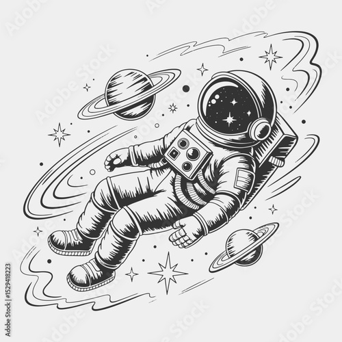 A black and white drawing of a man in a spacesuit floating in space