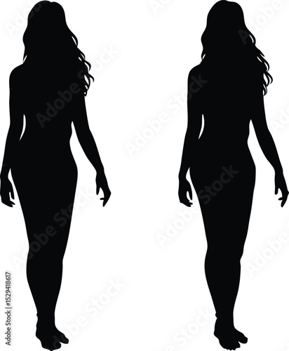 Black vector silhouettes of women modeling fashion, dancing, and posing