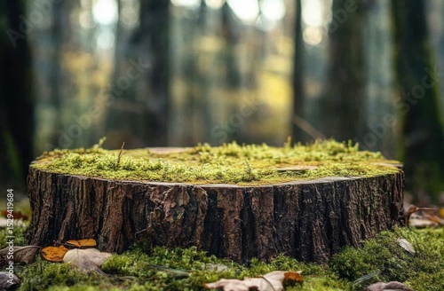 Fototapeta Naklejka Na Ścianę i Meble -  Close-up photo of a moss-covered stump podium with a forest background
