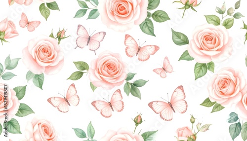 Pastel Roses  Butterflies Pattern.