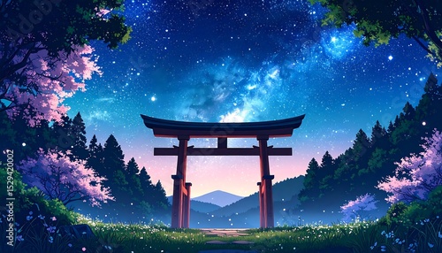 Starry Night Torii Gate Landscape.