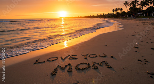 Love you mom message written in sand at sunset beach