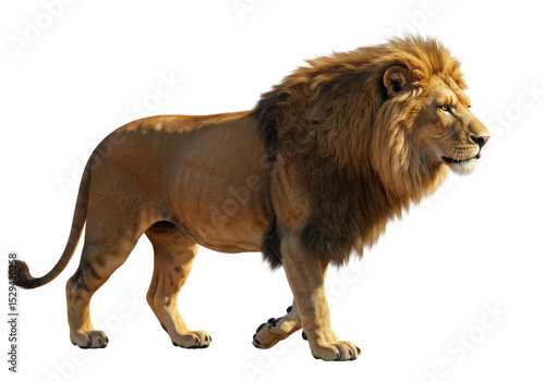 Majestic lion walking through a savannah landscape under a bright sky, showcasing its power