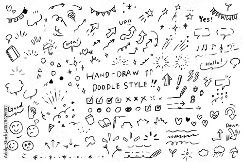A set of simple and cute hand-drawn monochrome illustrations that can be used for icons and notices.-arrows and stars and hearts etc -vector illustration
アイコンや気づきーあしらいに使える手描きのシンプルでかわいいモノクロイラストセット