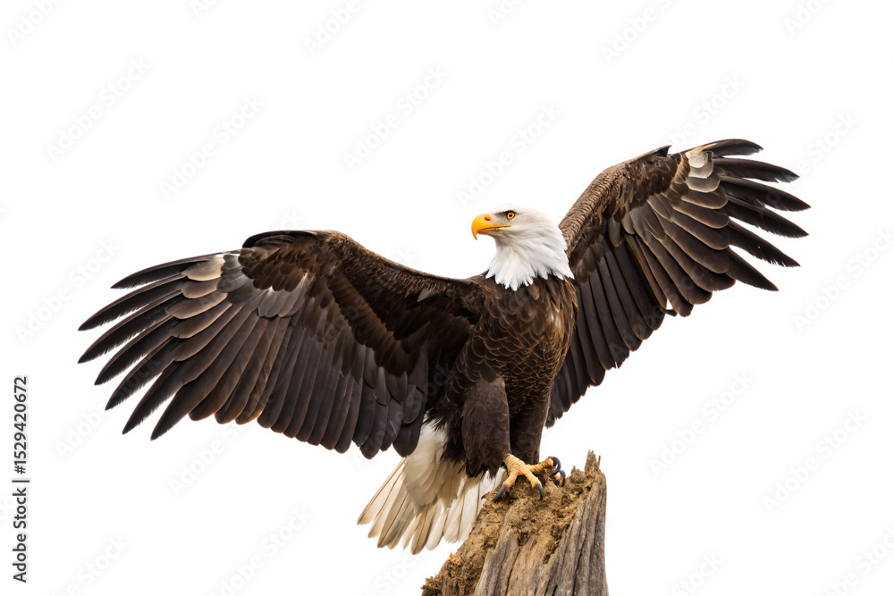 Obraz premium Majestic bald eagle with spread wings landing on dead tree branch displaying powerful flight feathers, isolated on a transparent background