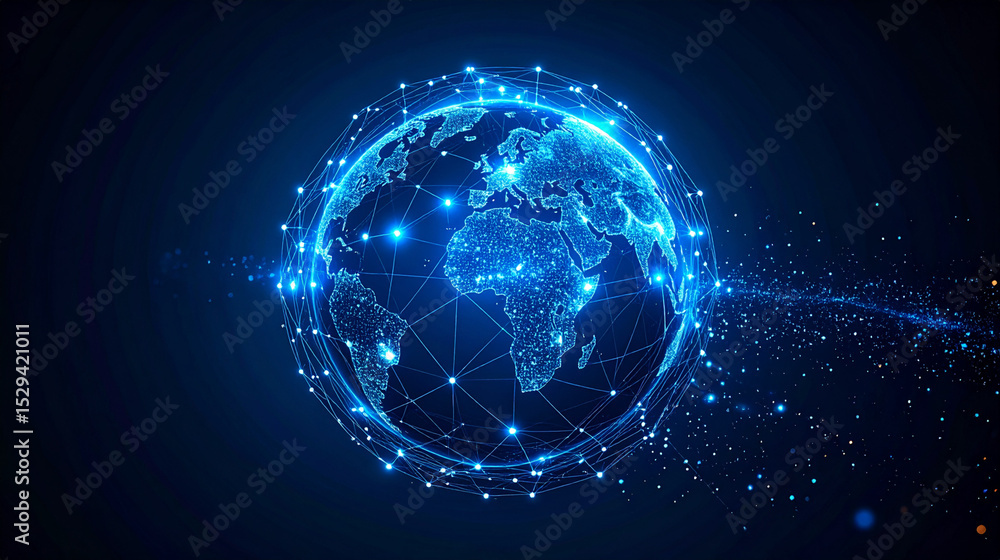 Fototapeta premium Firefly_Holographic globe spinning slowly, interconnected pathways glowing with electric blue 