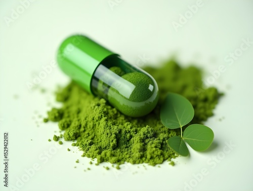 Wallpaper Mural Natural ivy-based supplement capsule with green powder and ivy leaf symbolizing organic medicine, plant-based healthcare, herbal remedy, and eco-friendly pharmaceutical innovation. Torontodigital.ca