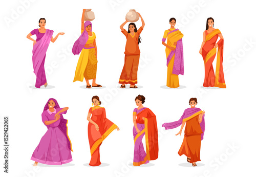 Set of Indian women wearing traditional sarees in various colors and poses, flat cartoon style on white background. Concept of cultural heritage. Vector illustration