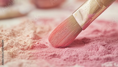Close-up of a makeup brush dipping into a pile of pink powder eyeshadow