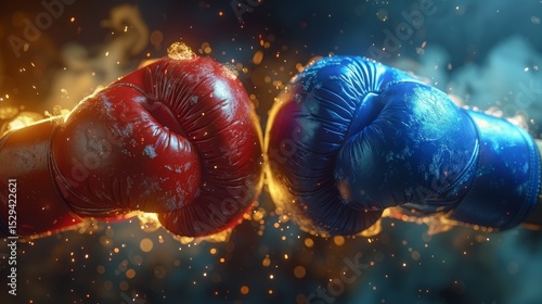Fototapeta Naklejka Na Ścianę i Meble -  This image captures the dramatic moment of two boxing gloves colliding, surrounded by sparks and smoke that emphasize the intensity of the sport and competitive spirit.