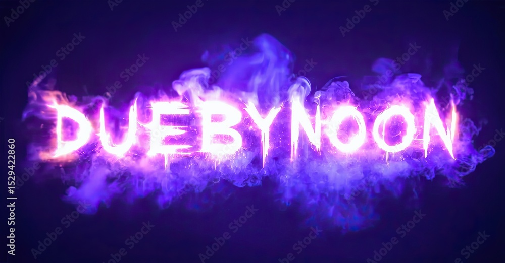 Fototapeta premium Bright text reads DUEBYNOON with purple smoke effects. Dramatic lighting creates intense visual impact. Bold typography dominates dark background.