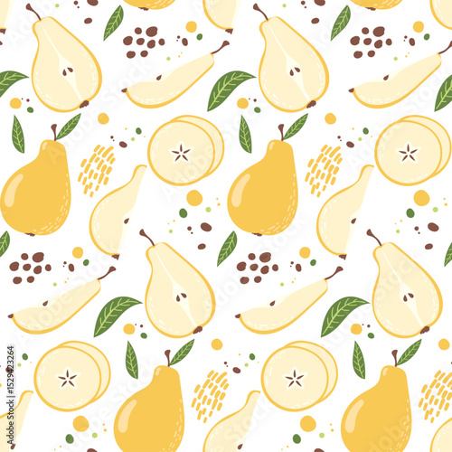 Pear fruit with Leaves, Seamless Pattern. Pear Slice, seeds. Summer Fruit. Vector Illustrations. Summer background