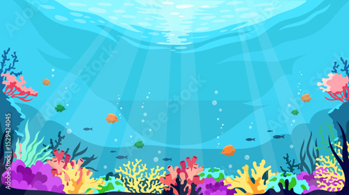Colorful coral reef with tropical fish swimming in clear ocean waters, flat graphic style, underwater blue background. Concept of marine life. Vector illustration