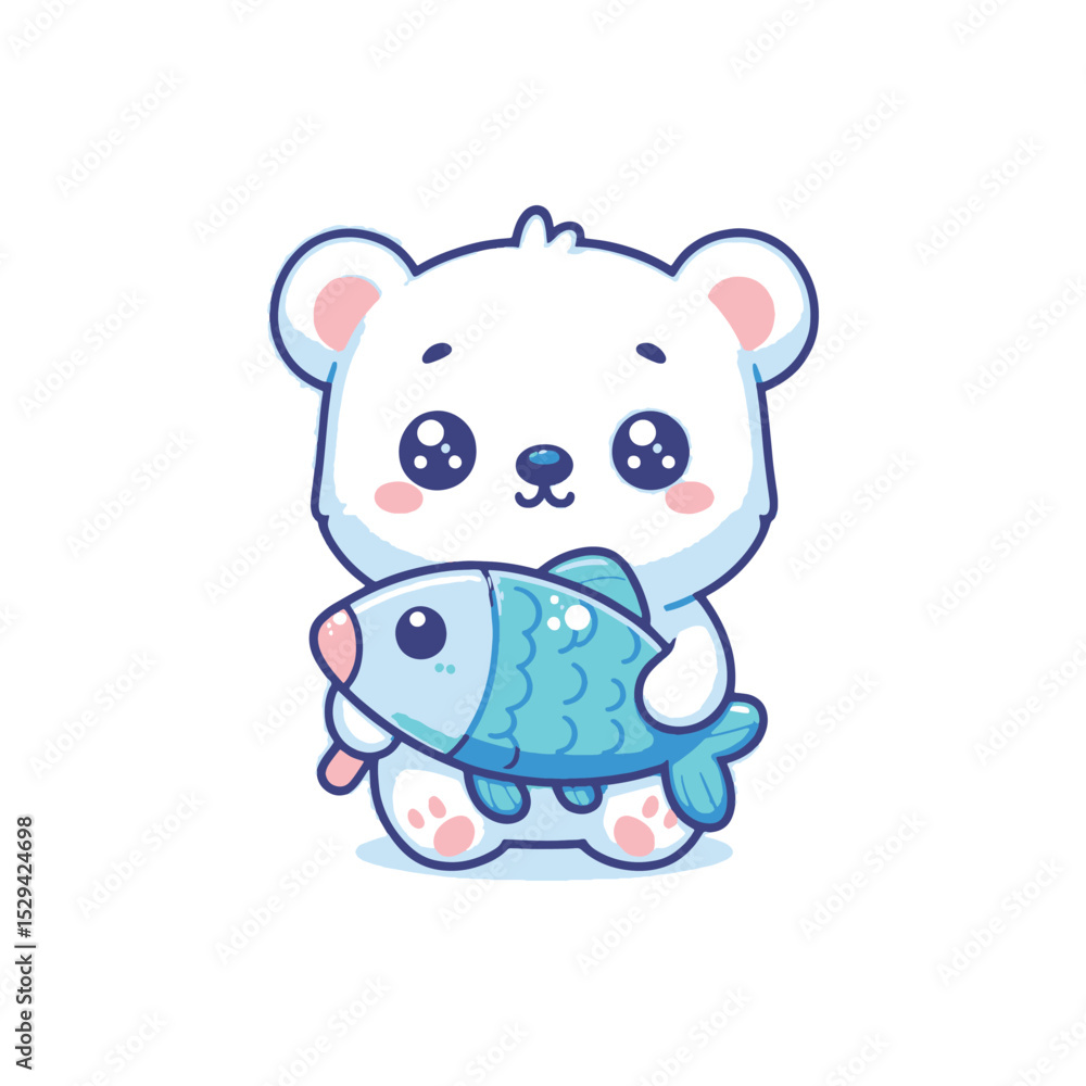 Naklejka premium Cute polar bear holding a fish in a playful scene