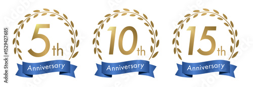 5周年・10周年・15周年・20周年・25周年・30周年のアニバーサリーロゴ(anniversarry logo エンブレム 月桂樹 お祝い ベクター 編集可能 金 gold 青リボン)