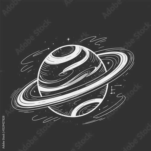 A black and white drawing of a planet with a star in the center