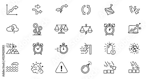 Volatility Outline Icon Set with Arrows, Graphs, Storms, and Chaos