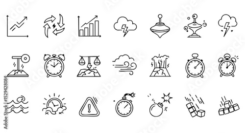 Volatility Outline Icon Set with Arrows, Graphs, Storms, and Chaos