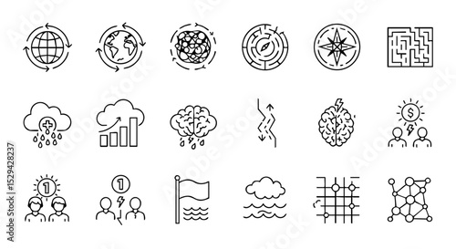 VUCA World Outline Icons with Globe, Chaos, Data, Risk, Ambiguity