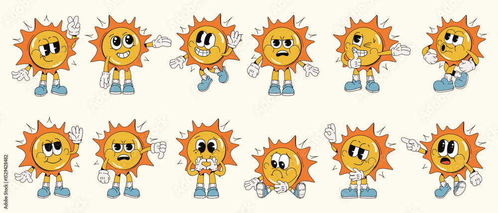 Obraz premium Collection of animated sun characters showing different emotions and poses, hand-drawn cartoon style on light background. Concept of expression. Vector illustration