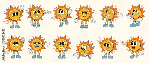 Collection of animated sun characters showing different emotions and poses, hand-drawn cartoon style on light background. Concept of expression. Vector illustration