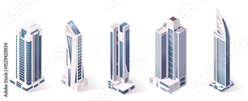 Collection of five modern skyscraper buildings in isometric graphic style on white background. Concept of urban architecture. Vector illustration