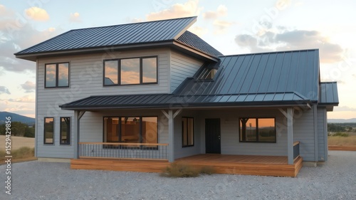 Newly constructed house with gray siding and metal roof is a modern example of rural residential architecture