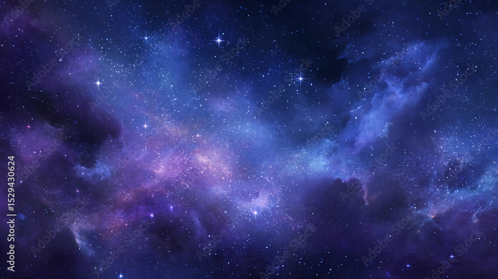Deep starry night sky with nebula clouds and cosmic mist, vivid blues and purples Deep starry night sky with nebula clouds and cosmic mist, vivid blues and purples