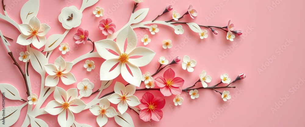 Fototapeta premium Intricate paper cut floral design, delicate blossoms on soft pink background, ample copy space, soft, romantic
