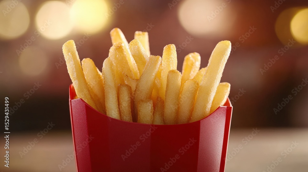 A red container with french fries inside. The fries are golden brown and appear to be cooked. The container is placed on a table A red container with french fries inside. The fries are golden brown and appear to be cooked. The container is placed on a table