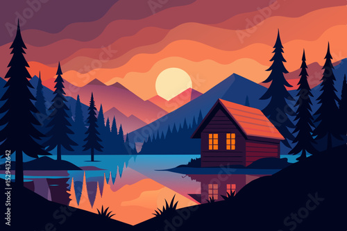 Sunset mountain cabin lake landscape illustration