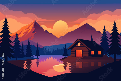 Sunset mountain cabin lakeside landscape illustration