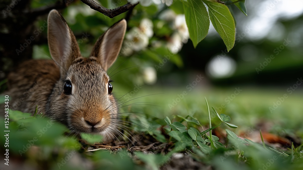 Fototapeta premium Lapin brun au regard doux dans l'herbe sous des fleurs au printemps
